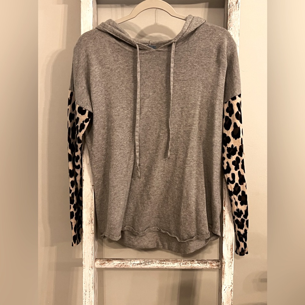 Neely Grey Hoodie with Leopard Print Arms